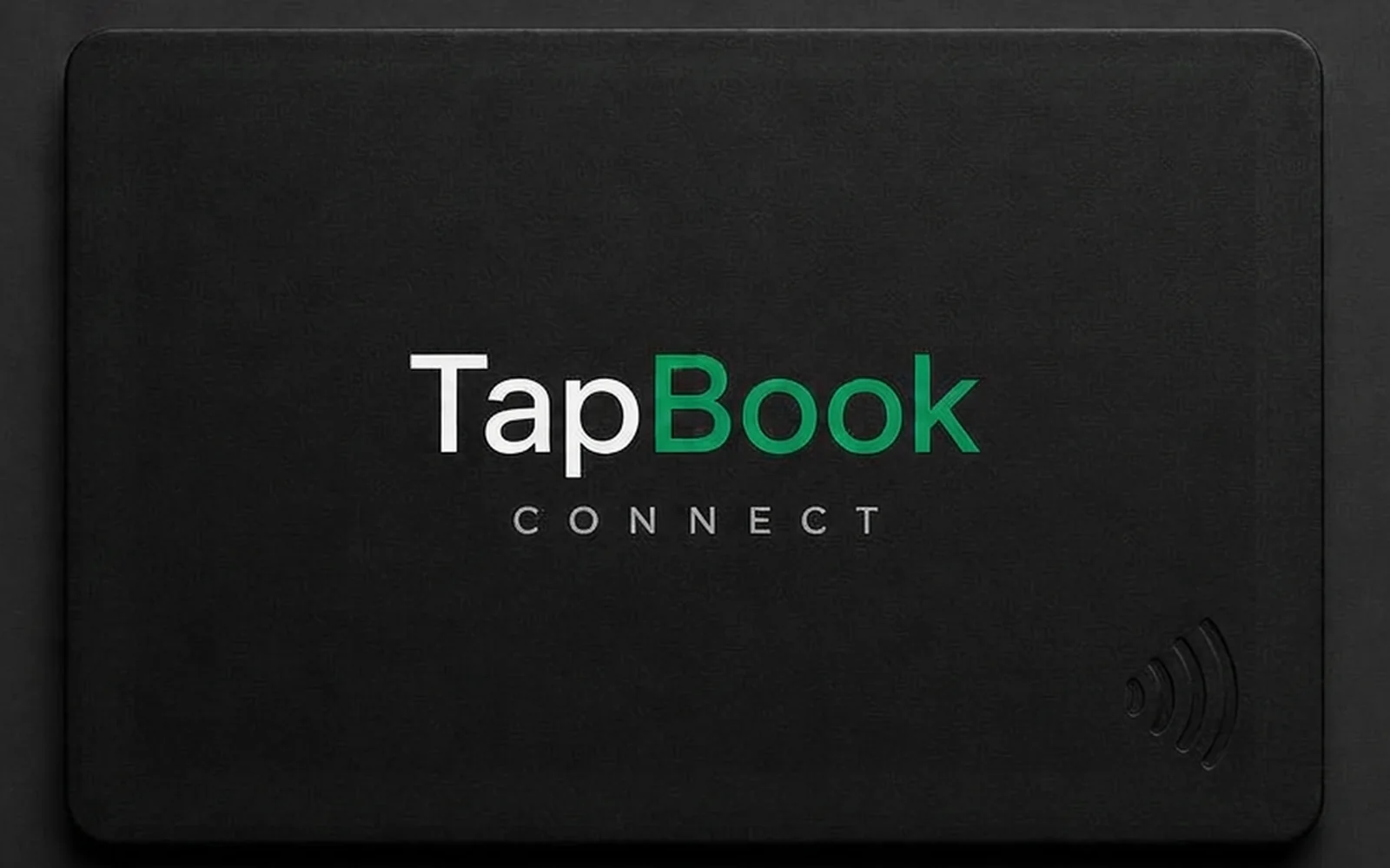 A matte black TapBook Connect NFC card with the wordmark printed on the front