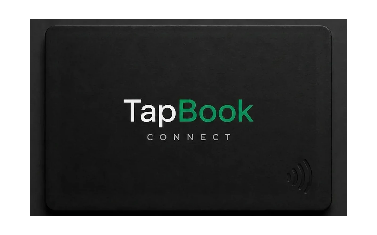 A matte black TapBook Connect NFC card with the wordmark printed on the front