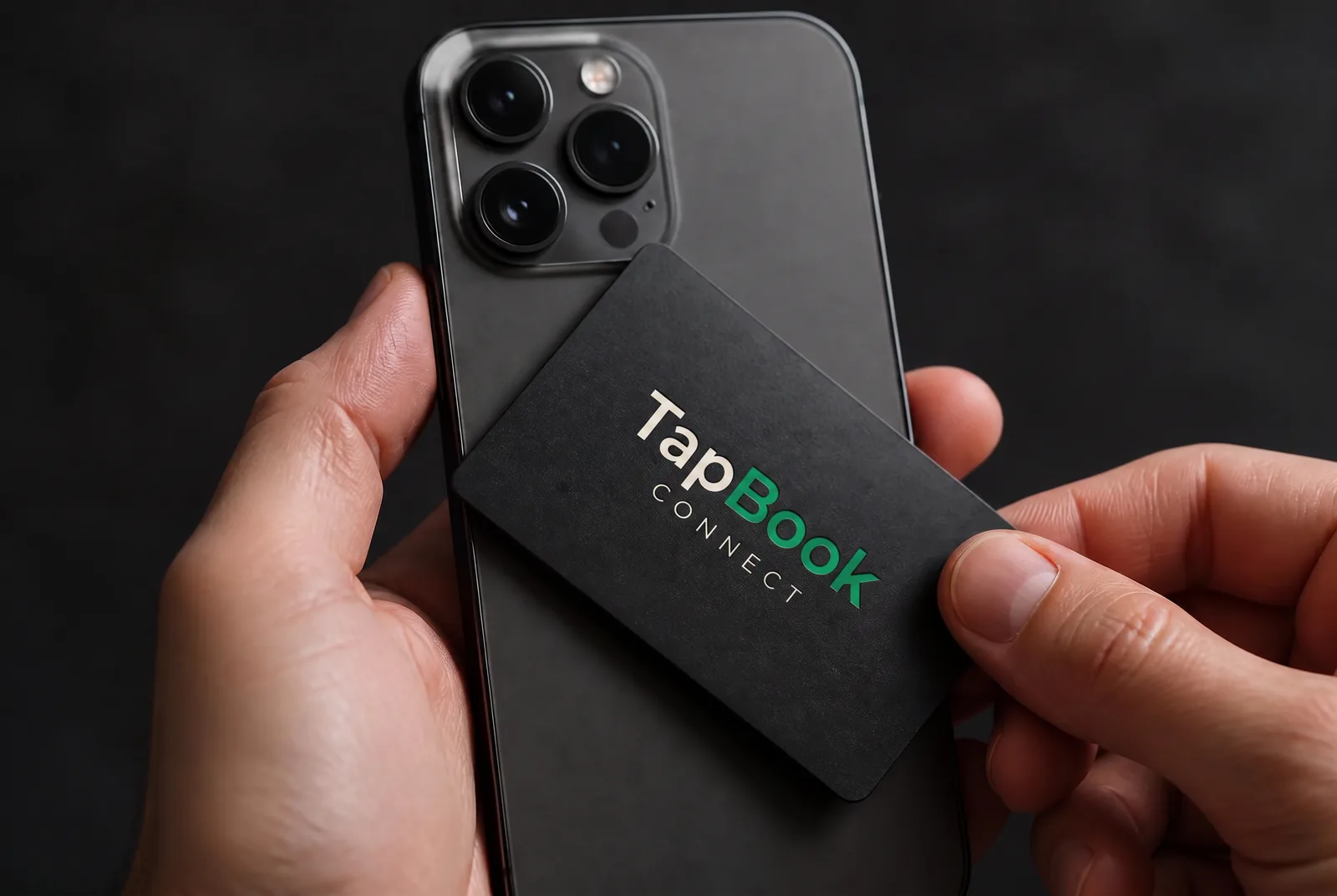 A matte black TapBook Connect NFC card being tapped against the back of a phone